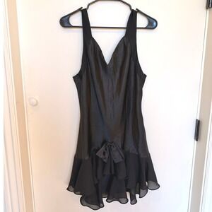 Black Satin Ruffle Bow Slip Mini Dress Lingerie Nightgown Babydoll